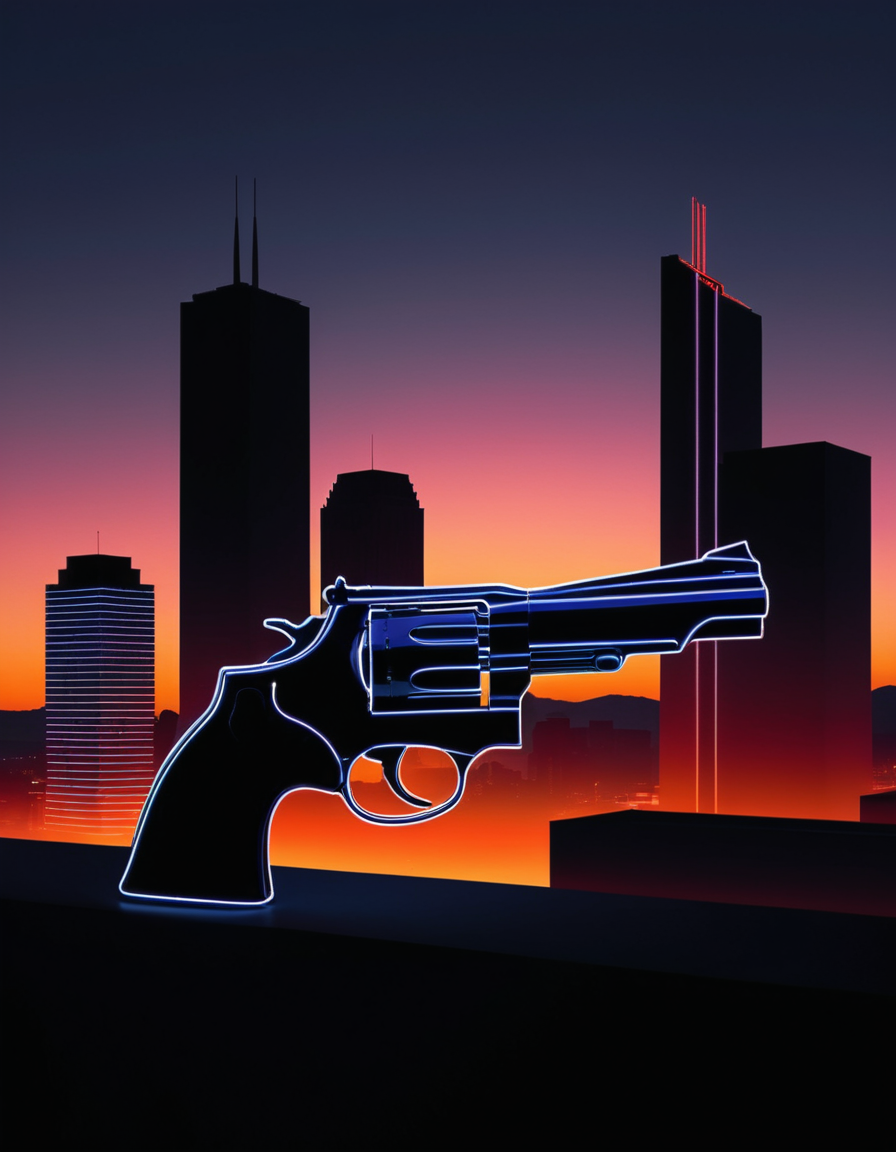 made out of ral-neotlns, Game art, Still Life, Distinguished "Revolver", and the genre is grunge at Dawn, Illustration, F/5, [by Ray Metzker| Loretta Lux], cityscape, <lora:ral-neotlns-sdxl-000003:1>, enhanced quality, flowing, radiant, inspired, dynamic composition