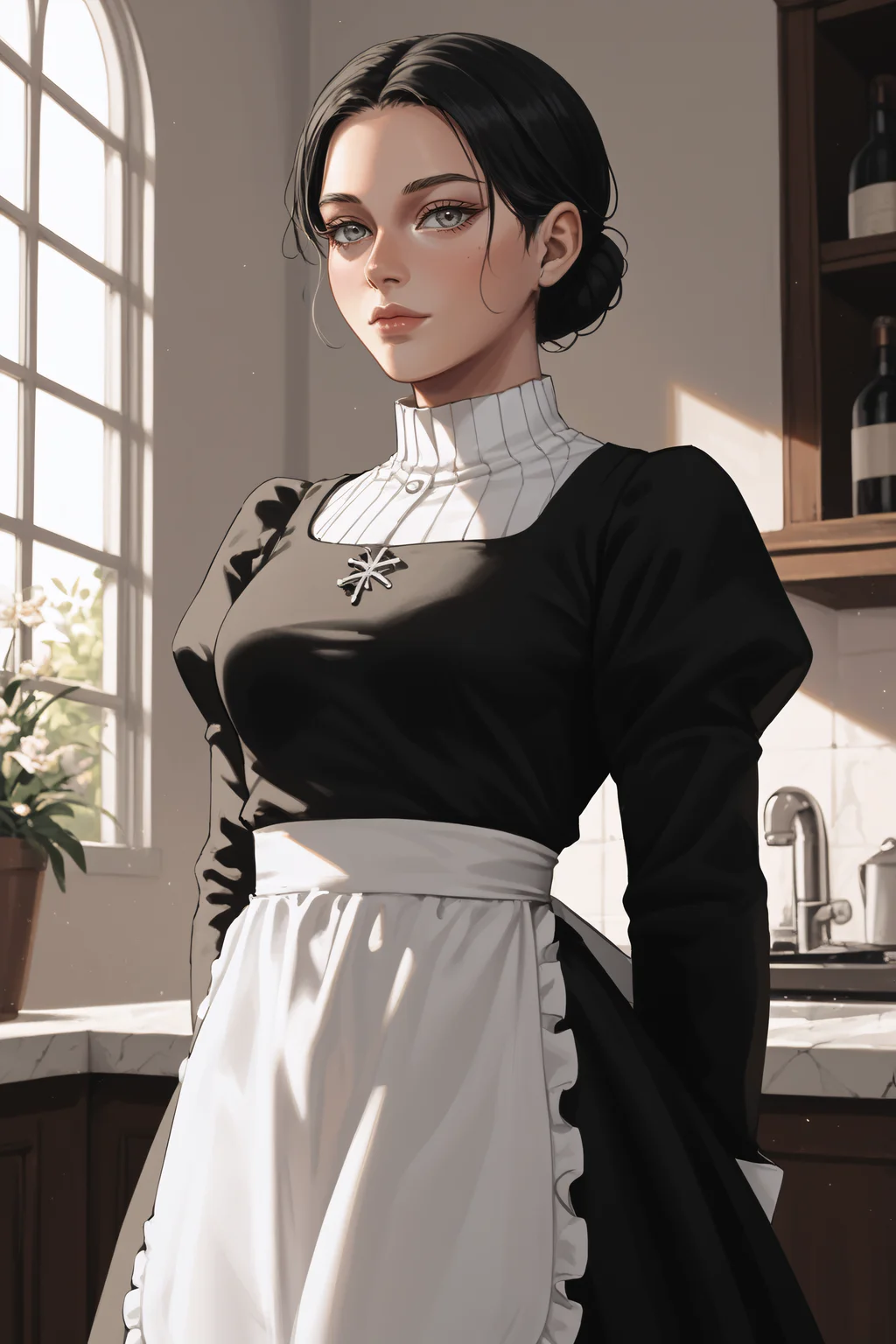 score_9, score_8_up, score_7_up, BREAK source_anime, <lora:Lara Tybur-PonyXL-lora-Faxtron:1> lara tybur, grey eyes, black hair, single hair bun, medium breasts, black dress, long sleeves, juliet sleeves, apron,