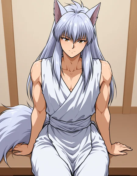 best quality, masterpiece, fox ears, y0k, youko kurama, kurama \(yu yu hakusho\), toned, wide hips, male focus, 1boy, solo, sleeveless, pov, sitting, yellow eyes, simple background, tail, waist sash, indoors, <lora:yokokuramaillV1:0.75>
