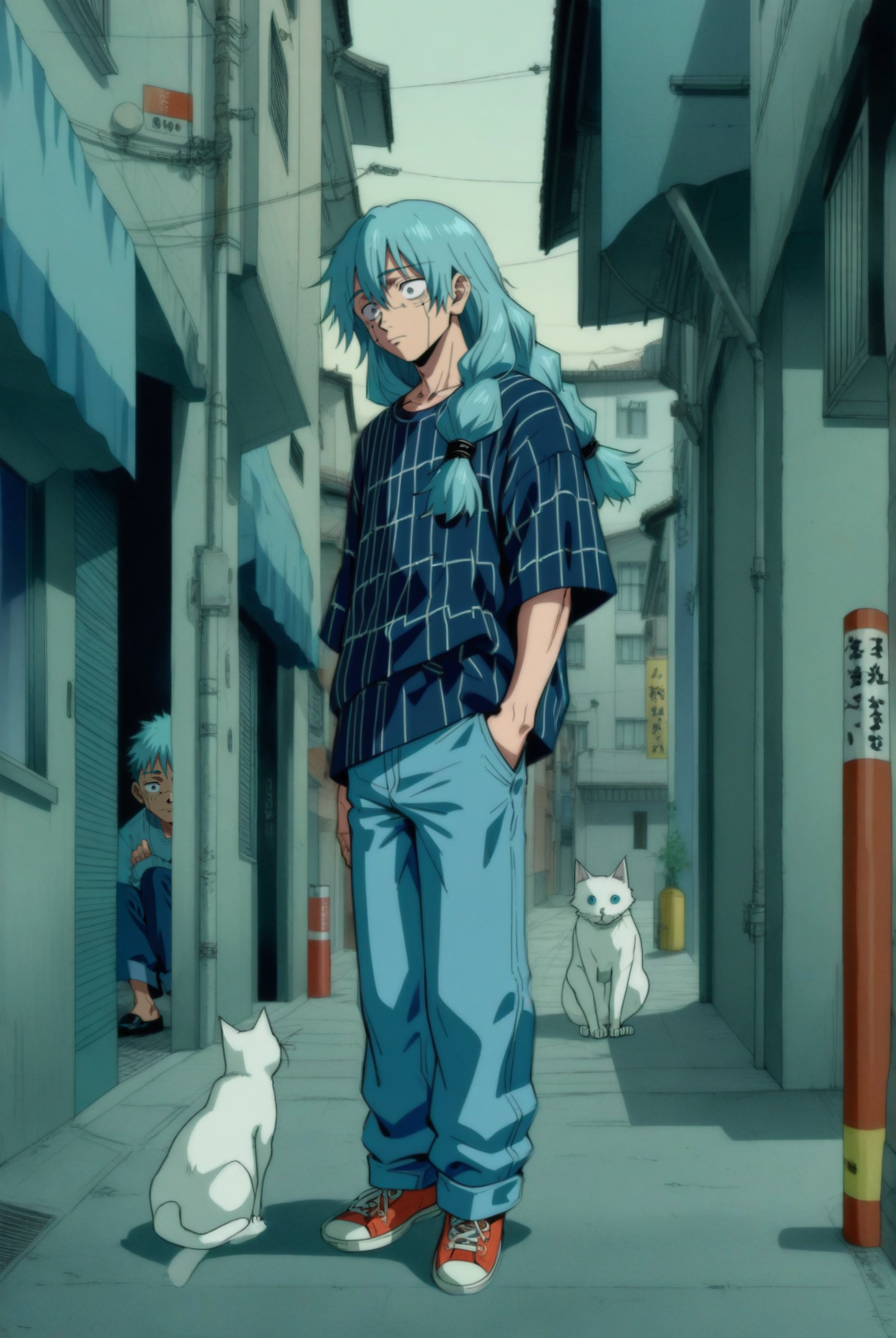 1boy, male focus, mahito \(jujutsu kaisen\), jujutsu kaisen , (90s anime style:1.5), front view, outdoors, street view, (looking down:1.3), perfecteyes, shirt, denim shorts, (a single white cat sitting next to them) <lora:detailed_notrigger:1> <lora:ParchartXL_CODA:0.2> <lora:Isometric Cutaway:1> <lora:PerfectEyesXL:1> <lora:Surreal Harmony:0.2>