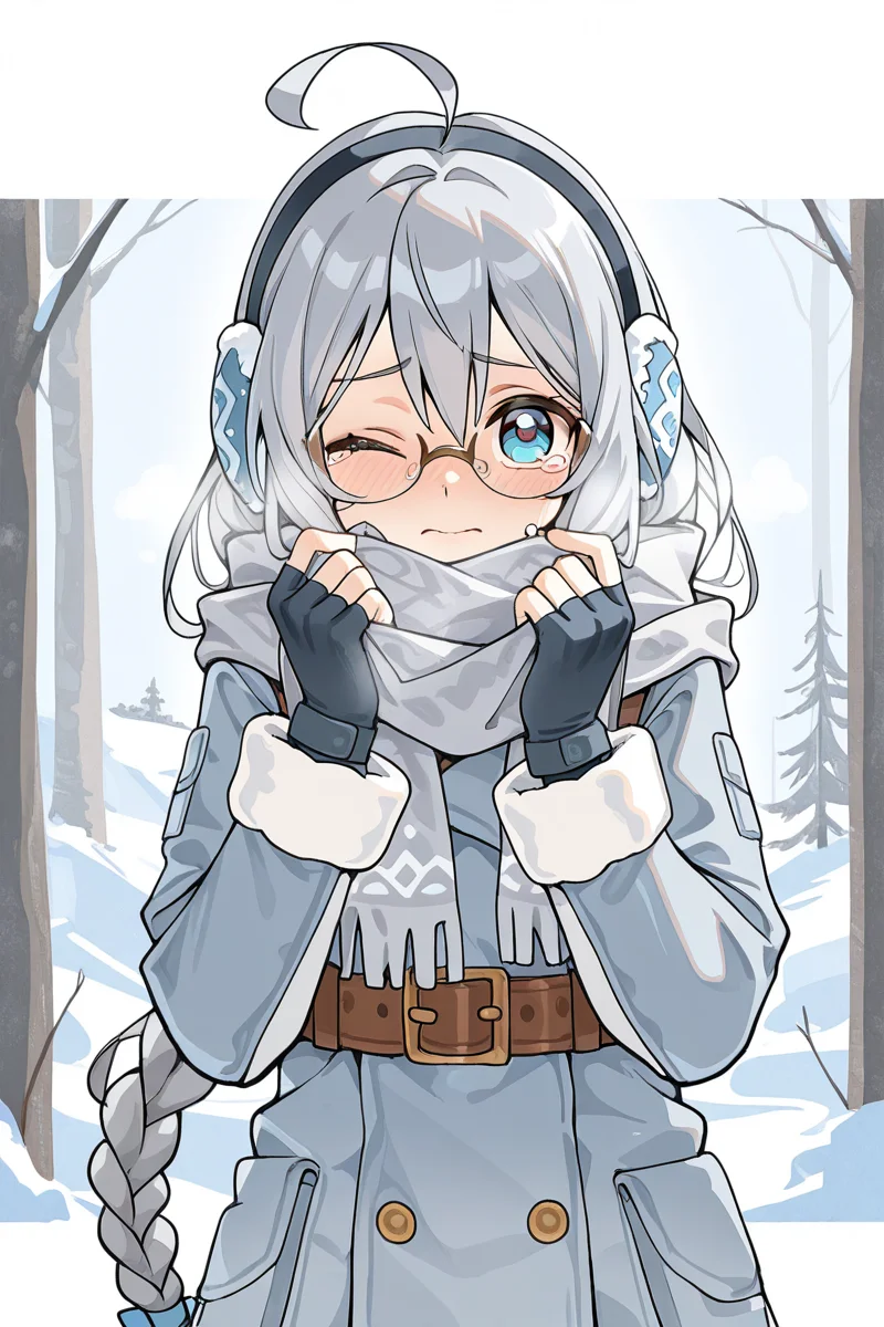 masterpiece, best quality, amazing quality,
 <lora:Lango_IL:1> lango, 1girl, solo, one eye closed, scarf, holding, earmuffs, glasses, braid, long hair, ahoge, tears, gloves, fingerless gloves, grey hair, looking at viewer, blue eyes,