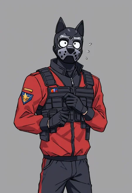 20yo male, (pup mask), masculine, cute square face, bully, horny, fit skinny body, dominating, swat soldier, multicolor jacket, tactical vest, sweatpants