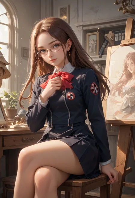score_9, score_8_up, score_7_up, source_anime, absurdres,, , sitting_pose, hand_on_own_shoulder, hand_on_own_chin, hand_on_own_thigh, crossed_legs, smirk, looking_to_the_side, light_smile, raised_eyebrow, finger_counting, artist's_studio, large_canvas, scattered_paintbrushes, soft_lighting, unfinished_painting, marble_statues, warm_walls, natural_light, wooden_easel, quiet_mood, creative_space, 
chihirop3, brown hair, long hair, glasses, school uniform, ribbon, gekkoukan high school uniform, skirt
renaissance_artistry jewelry, earrings,