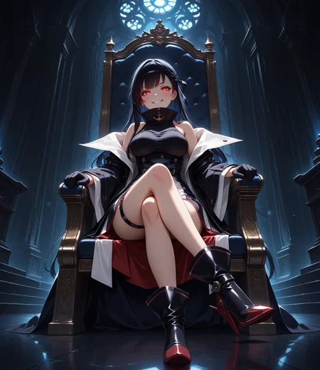 masterpiece, best quality, anime, BREAK 1girl, looking at viewer, large breasts,crossed legs, throne room, full body,sitting,layered dress, two-tone dress, red dress, black dress, (goth fashion:1.6), from below, (glowing eyes:1.6),(evil grin:1.6)
BREAK, <lora:RealisticAnimeIXL:0.4> bokeh, <lora:Dramatic Lighting Slider:4> <lora:Tyber_West Virginia_Default_AL_NOOB:1> westvstand, red eyes, mole under eye, black hair, gradient hair, side braid, single braid, long hair, medium breasts, sleeveless dress, open coat, long coat, two-tone dress, blue and white dress, high collar, thigh strap, red trim, asymmetrical dress, multiple belts, bare shoulders, off shoulder, wide sleeves, black half gloves, black ankle boots, futuristic boots,anchor symbol,rudder footwear,