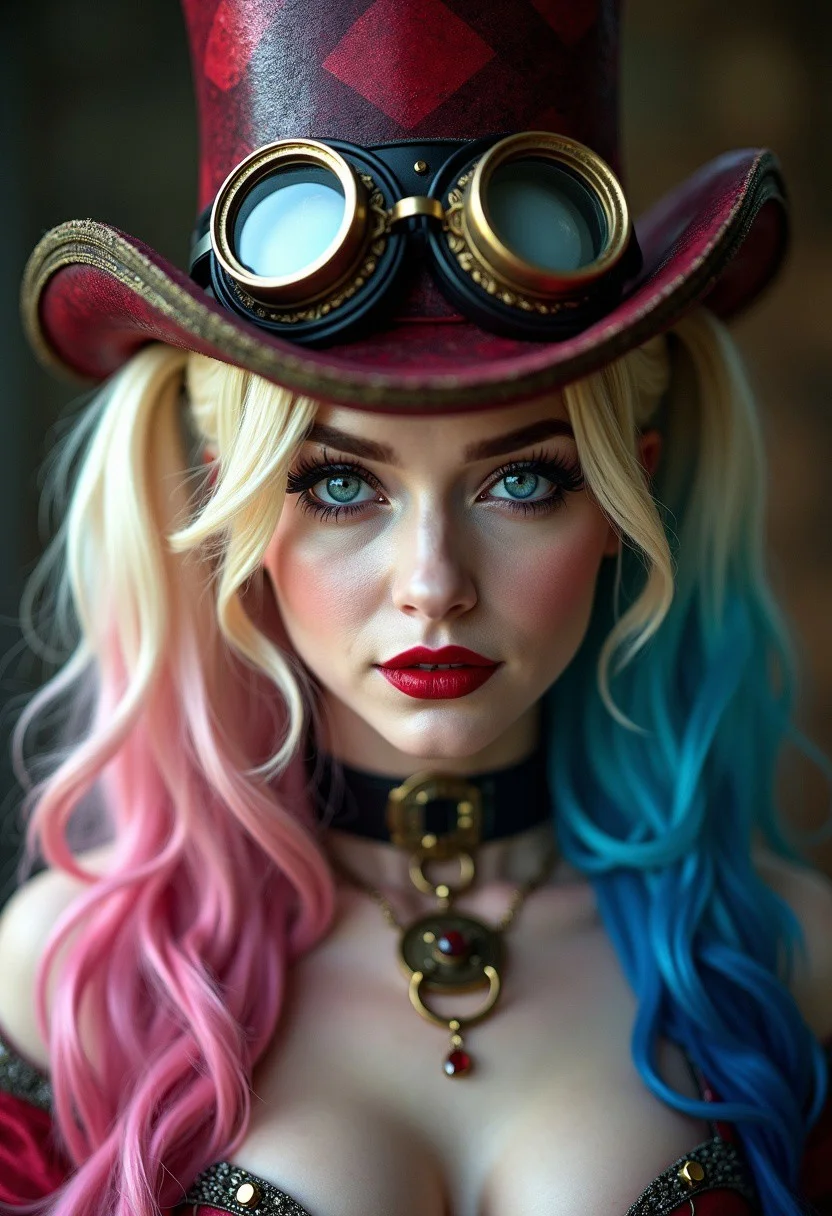 close up of Harley Quinn, long blonde hair divided into two ponytails with one end in blue and the other in pink, wearing a steampunk style top hat, she has goggles over the top hat, beautiful female paladin, anastasia ovchinnikova, witch clothes , outer worlds, stunning design, imperious, matriarchy, inspired by Jodorowsky, tengri, leblanc, anya_taylor-joy, discord, female beauty realistic face", detailed face, human, high detail, natural skin texture. Photographer style Platon 85mm Camera Lens: f/1.8
