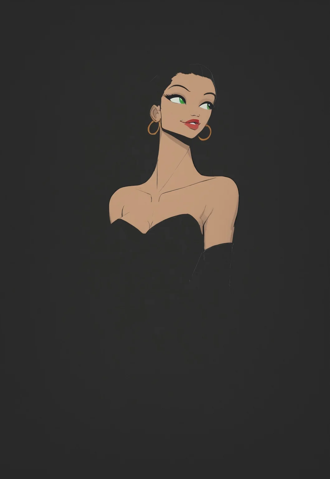 jjco, (Blend_in, black background), score_9, score_8_up, score_7_up, masterpiece, best quality, absurdres, vibrant, highly detailed, very aesthetic, (sidelightning, upper body), mature, beautiful, stunning, 1girl, solo, gorgeous 39-year-old Russian MILF, green eyes, long silky black hair, thin gold hoop earrings, satin choker band, (tanned skin:0.8), (matte red lips:1.2), black evening dress, slit dress, elbow gloves, black clothes, bare shoulders, looking to the side, seductive smile, head turned to the side, arms at sides