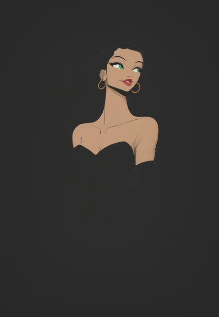 jjco, (Blend_in, black background), score_9, score_8_up, score_7_up, masterpiece, best quality, absurdres, vibrant, highly detailed, very aesthetic, (sidelightning, upper body), mature, beautiful, stunning, 1girl, solo, gorgeous 39-year-old Russian MILF, green eyes, long silky black hair, thin gold hoop earrings, satin choker band, (tanned skin:0.8), (matte red lips:1.2), black evening dress, slit dress, elbow gloves, black clothes, bare shoulders, looking to the side, seductive smile, head turned to the side, arms at sides