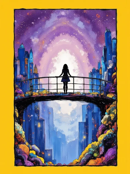An illustrated image of a woman standing on a bridge made of light, overlooking a city of crystals. <lora:InkEdgeMono-Complex_Epoch-08:1.0> 1NK3D63-M0N-C0M,
<lora:inkedgemono-simple_epoch-08:0.6> 1NK3D63SIM,
background is wisteria violet <lora:Midjourney_Whisper_AgateX_v1:0.7>, border is amber yellow
<lora:Midjourney_Whisper_Minimal:1.0>
| no deformed hands, no too many limbs, no too many fingers,