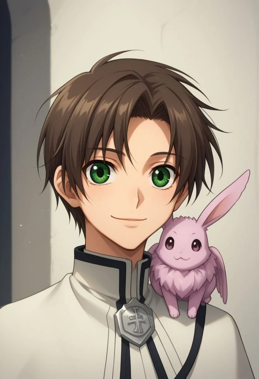 score_9, score_8_up, score_7_up, source_anime,
teito, 1boy, male focus, green eyes, brown hair, upper body, looking at viewer, creature, pia (creature), animal, animal on shoulder,
capelet, vest, white vest, long sleeves, collared vest, black pants, smile,
indoor, sit,