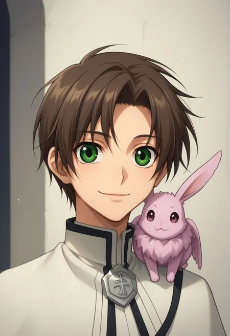 score_9, score_8_up, score_7_up, source_anime, 
teito, 1boy, male focus, green eyes, brown hair, upper body, looking at viewer, creature, pia (creature), animal, animal on shoulder,
capelet, vest, white vest, long sleeves, collared vest, black pants, smile,
indoor, sit,