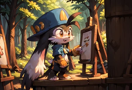score_9, score_8_up, score_7_up, score_6_up, score_5_up, score_4_up, <lora:Klonoa_Character_PonyXL:0.8> , Klonoa, two long ears, fur, anthro, Klonoa, g5, rich colors, forest operations, forest, thicket, communal appearance , presents a painting of rabbits and pony, aroused, front view, detailed background, detailed, 8k quality, side view, beautiful, teasing, easel and brushes, leaned to the floor, freely actions,