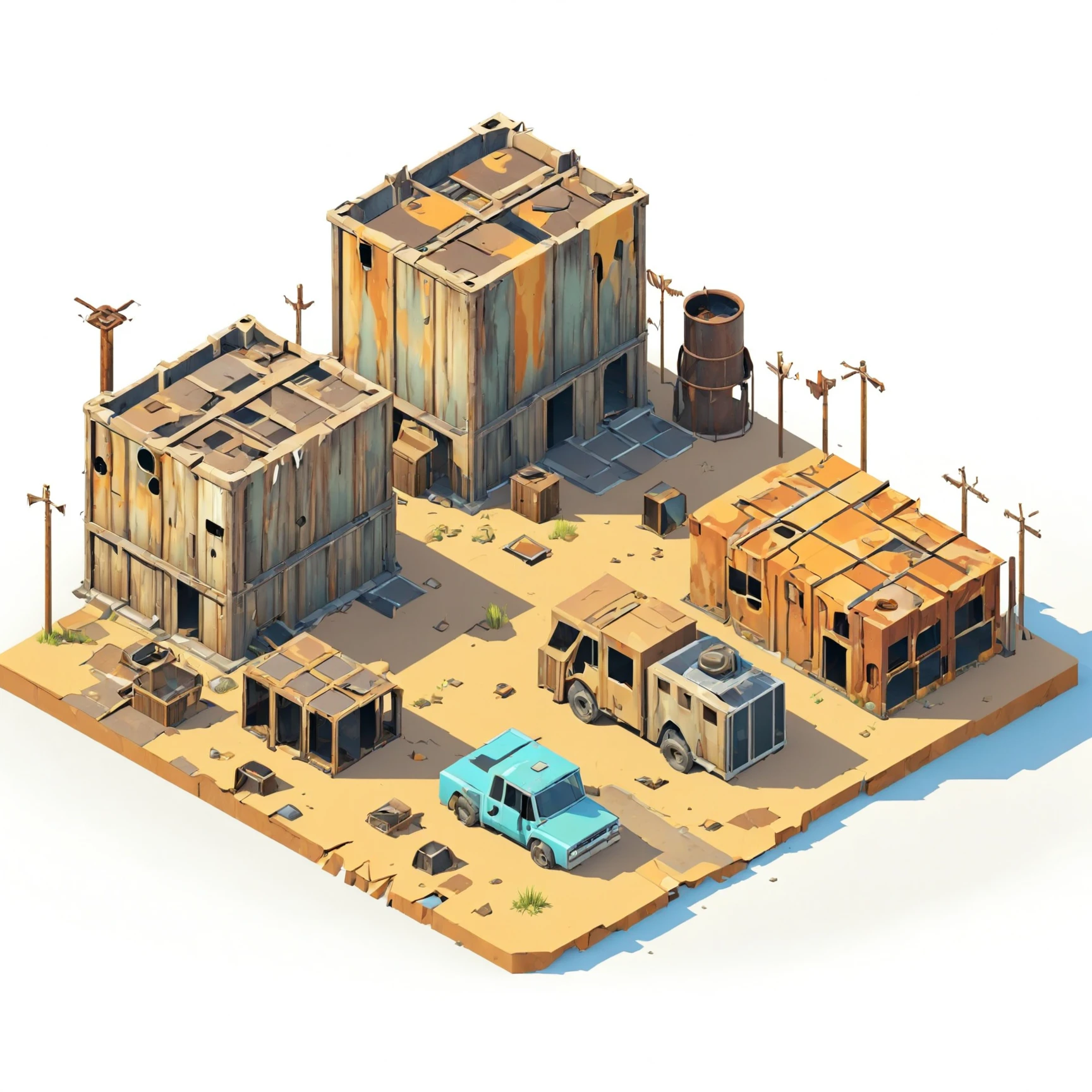 isty05 style. isometric <lora:isometric_isty05_style:1>
cartoon
Post-apocalyptic wasteland and rusted structures, Tan background,
detailed, professional,  slick, 3d, unreal engine, render, ray tracing,
high quality, masterpiece, highres,