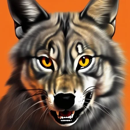 orange background, open mouth, cat, nature, wolf, animal, fangs, artist name, realistic