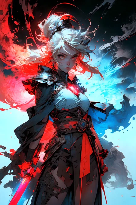 Saber1girl, In hand huge flame great swordwhite blue dressBlue capeBlue bowgorgeous armorplatinum blonde hair
A shot with tension(sky glows red,Visual impact,giving the poster a dynamic and visually striking appearance:1.2),
<lora:~Q?-Saber:0.8>
<lora:more_details:0.4>
 <lora:Cosmic anime-oil fusion v2:0.45> 
<lora:AnimeVibesV3:0.3> animevibes, 
<lora:3DMM_V11:0.5> 3DMM 
<lora:midjourney_20230624181825:0.7> midjourney ,
 <lora:LAS:0.5> cloud,colorful,
<lora:msw_locon-t2:0.6>
 <lora:wuxia2:0.6> gu,
 <lora:CyberpunkStyleV1:0.2> PunkAI ,
<lora:CatgirlMaidV1.0-000003:0.35> CatgirlMaid, shiny, shiny hair, shiny skin, shiny clothes