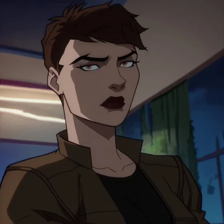 safe_pos, score_9, score_8_up, score_7_up, 1girl, solo, lipstick, brown hair, short hair, brown eyes, breast, black shirt, brown jacket, gloves, Scandal Savage (dc), looking at viewer, indoors, night, cartoon_screencap