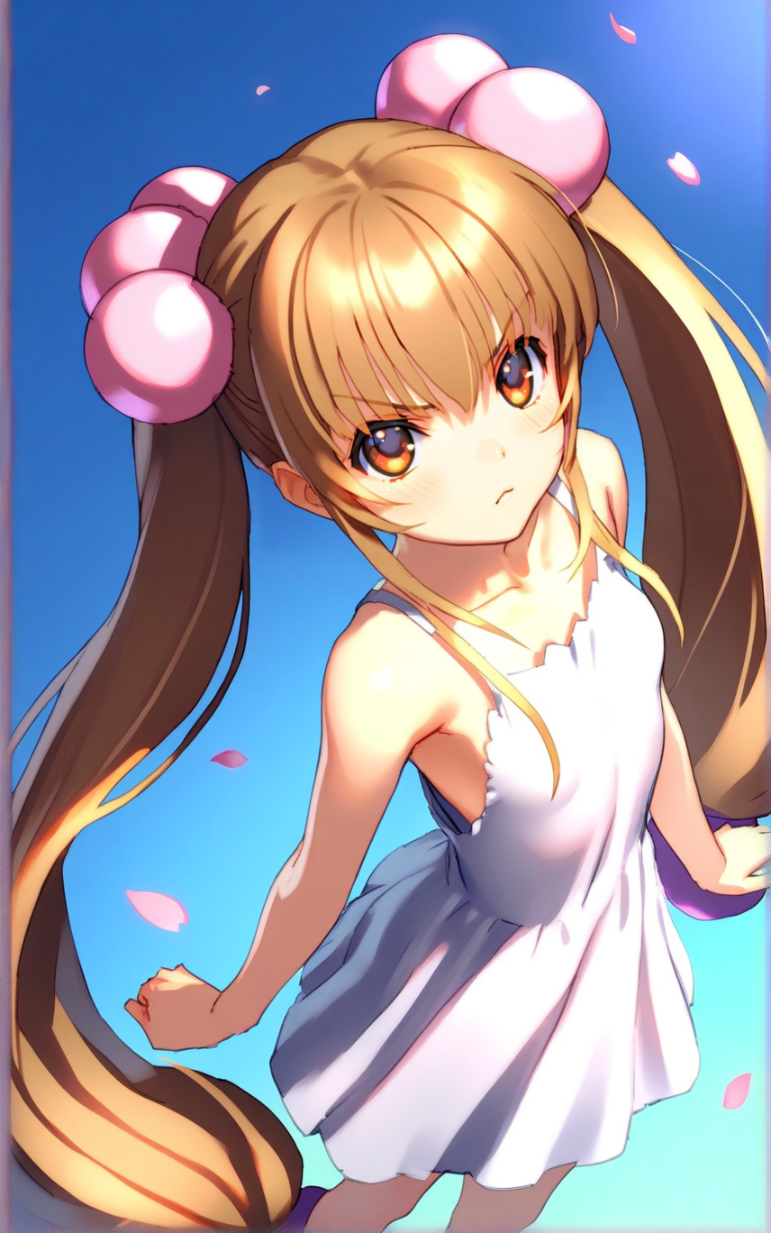 1girl, kokonoerin, brown eyes, white sundress, serious, brown eyes, cowboy shot, cherry blossoms, falling petals, pink petals, blue sky, looking up, dynamic lighting, from above, 
BREK masterpiece, best quality, very aesthetic, by raika9, 
<lora:KokonoeRin_XL:1>