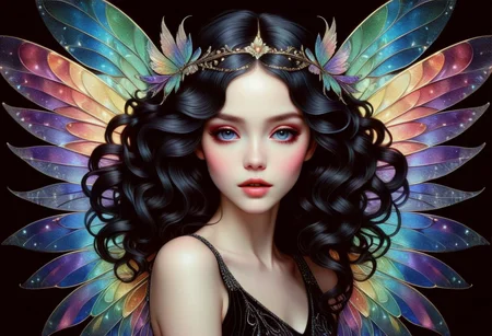 hyper detailed beautiful sugar fairy, coherent delicate face, wavy luxurious hair, intricate iridescent wings, on black velvet canvas, centered composition, rule of thirds, drop shadowed, art by gorjuss, tim burton, margaret keane, charlie bowater, tom wood, keith garvey