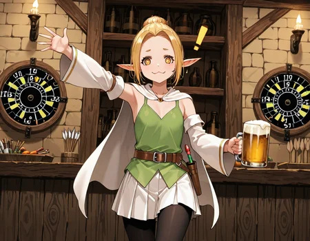 masterpiece, amazing quality, high resolution, medieval tavern, 1 girl, solo, ry0n, hair bun, blond hair, yellow eyes, elf, flat chest, green clothes, belt, short white cape,white skirt, detached sleeves, black pantyhose, mediaval tavern, beer, dart board, throwing dart, !, :3