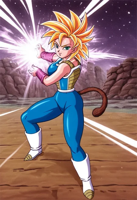 high detail, perfect face,perfect body,perfect eyes,solo,1girl,gine, super saiyan, blonde hair, medium hair, spiked hair, green eyes, monkey tail (thick thighs:1.5), big breasts, red blush, wide hips, bottom heavy,charge stance, kamehameha charge stance,energy ball, aura, electricity,
BREAK 
score_9, score_8_up, score_7_up, score_6_up, source_cartoon, <lora:officialpit_style_v11:1>, speedlines,