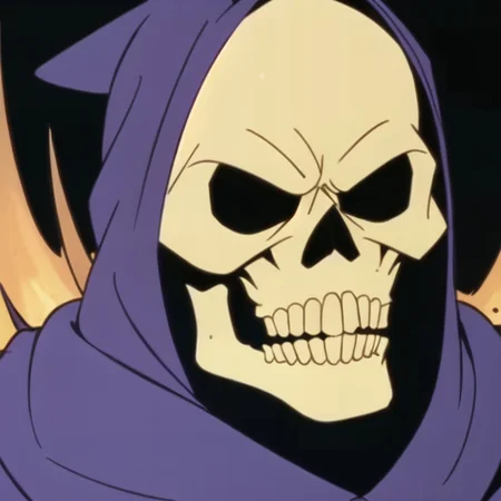 skeletor, close-up, evil_grin, solo, wasteland