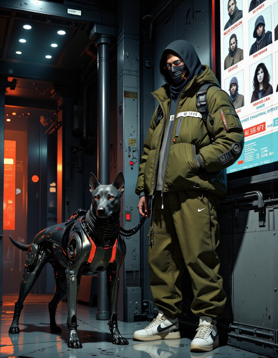 Anime style. A highly detailed digital illustration in fantasy art depicts a man and a robotic dog in a cyber-noir setting, standing in front of a massive digital screen displaying high-resolution images and biometric data of wanted criminals, flickering as new profiles appear. The man wears an olive-green puffy jacket reinforced with cybernetic plating, neon circuitry glowing along the seams, and the Nike swoosh subtly integrated into the futuristic design. His matching olive-green pants have metallic accents and fiber-optic threading, slightly baggy but structured, paired with white, high-tech sneakers featuring self-tightening straps and illuminated soles. His black hood, reinforced with an armored exoskeletal framework, conceals most of his face, while a sleek cyber-mask with an iridescent digital display covers his lower face, adding an enigmatic presence. Beside him, a robotic dog with a matte-black metallic body stands alert, its angular frame reinforced with cybernetic joints, its red eyes glowing ominously as it scans the environment. A low hum vibrates from its core, hinting at raw power. The environment fuses futuristic and industrial aesthetics, dim neon lighting casting moody reflections over steel-paneled walls, and floating holographic interfaces illuminating the polished floor, enhancing the dystopian, high-tech atmosphere filled with mystery, tension, and cybernetic precision.