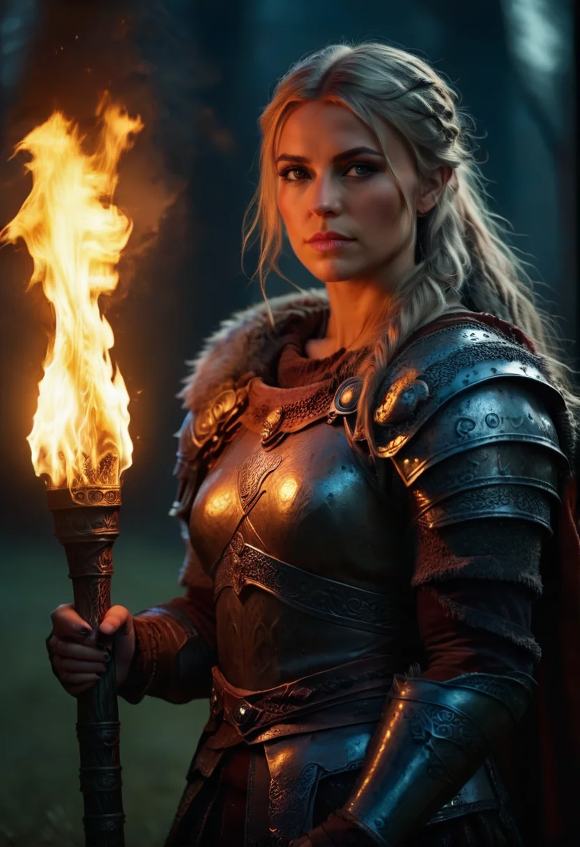 A beautiful sexy female warrior holding a large burning torch, cinematic shot, dark night background,cute face,viking, soft atmospheric lighting, dramatic shadows, highly detailed armor and clothing, epic fantasy style, photorealistic, 4k, inspired by medieval movies, intense and mysterious mood <lora:torch_by_readandsign_sdxlv1-000007:1>