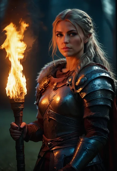 A beautiful sexy female warrior holding a large burning torch, cinematic shot, dark night background,cute face,viking, soft atmospheric lighting, dramatic shadows, highly detailed armor and clothing, epic fantasy style, photorealistic, 4k, inspired by medieval movies, intense and mysterious mood <lora:torch_by_readandsign_sdxlv1-000007:1>