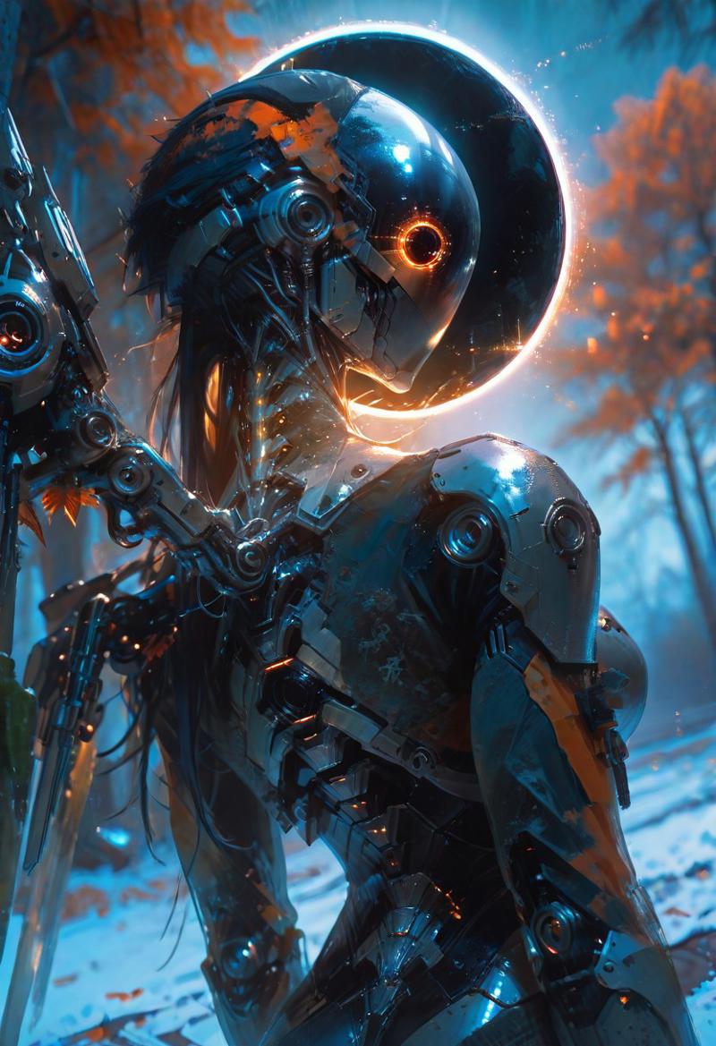 masterpiece, best quality, amazing quality, very aesthetic, absurdres, newest, volumetric lighting, holographic colors, cute, gradient colors, dark background, BREAK  ambient occlusion, raytracing, soft lighting, blum effect, masterpiece, absolutely eye-catching, particles, glow, shining, intricate cinematic background, 
BREAK
explicit, Cyborg killer.1girl, solo, cyborg,,reflection, visor, abstract, jacquard fabric, techwear, detailed helmet,mcnm, visor, intricate detail, 1girl, long hair, black hair, facing away, mechanical wings, mechanical spine, black hole, from behind, no lineart, realistic,  BREAK outdoors, trees, ferns, binary, snow, orange leaves, dutch angle,  pose, soft shadows, dramatic lighting, detailed textures, intimate atmosphere, intricate details, (blurry background, depth of field:1.1) close up,,usnr, 748cmstyle, gbf_style.cybervision.