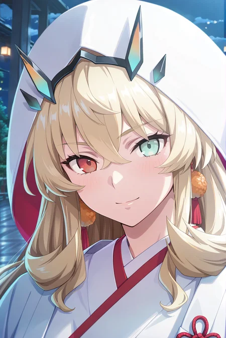 barghest \(fate\),(cinematic_angle:1.2),looking_at_viewer,depth of field,(fgo spring2025 newmaster promostyle),<lora:FGO Spring2025:0.8>,blurry,night,(uchikake:1.2),light smile,close-up,gohei,indoor,, masterpiece,best quality,amazing quality,