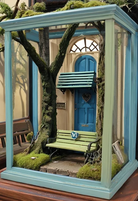 <lora:artfullyDIORAMA_SDXL_V1:1>, artdrm, diorama, blue door, moss, tree, bench, school,
