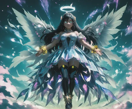 1girl, full body, Ayase Aragaki, long hair, black hair, aqua eyes, bangs, bare shoulders, freckles, tall, large breasts, Dynamic Details, (holographic clothes: glowing vibrant dress, thighhigh boots, golden wrist bangles, skindentation, fashionable, premium, angelic, elegant), faetastic 1girl, cute round face, slender, ultra detailed eyes, ultra detailed hair, ultra beautiful, doll, tpelovedoll, ultrainstinctaura, pure aura, glowing eyes, hands enshrouded with energy, floating, arms extended, dynamic pose, super perspective, from afar, fantasy, flying, torrent winds, (f347h3r angel wings), glowing halo, glowing light particles, trail of aura, glowing feathers, pink clouds, magenta sun, light rays, bokeh, majestic weather, Sky high, purple skies, blue earth below, <lora:Oreimo-Ayase_Aragaki-PDXL:0.75> <lora:superpers:1> <lora:GL0W_SD_1.5__Brightness:1> <lora:BetterFashion_Casual:0.87> <lora:holographic_v0.2-pony:0.85> <lora:hyperdetailer_v095_SD1-5_JuJoHotaru:2> <lora:Varos_-_Feathers_Style_:0.68> <lora:UltraInstinctAura_PXL_Leaf2:0.55> <lora:SDXLFaeTastic2400:0.85> <lora:Koikatsu_PDXL:0.8>, <lora:tpelovedoll-v1.0:0.7> (Embedding:HD32K_NEON),