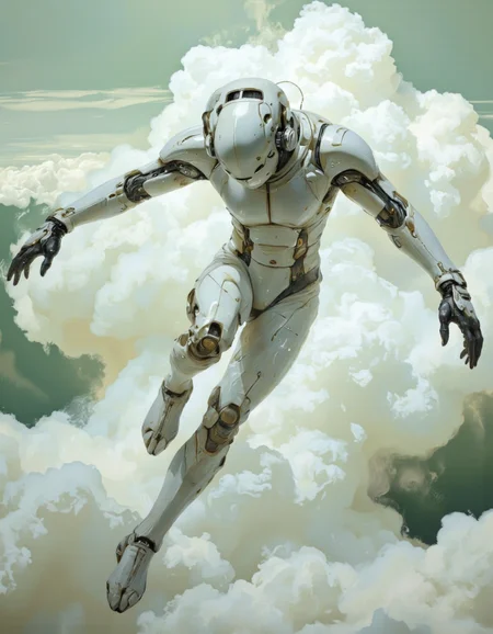 SentinelBot. This is a digital artwork featuring a futuristic, robotic humanoid figure in mid-air, seemingly floating amidst a cloud-filled sky. The figure is clad in a sleek, white, form-fitting suit with intricate, metallic details and arm extensions. The suit has a futuristic, high-tech appearance with visible circuitry and mechanical elements, suggesting advanced technology. The figure's head is covered by a helmet with large, angular earpieces and a visor that gives it a cyborg-like appearance. The helmet is also adorned with small, glowing lights that add a sci-fi touch.
The background is a swirling, ethereal mix of soft, pastel green and blue hues, creating a dreamy, otherworldly atmosphere. The clouds are voluminous and fluffy, adding a sense of weightlessness to the scene. The sky is slightly overcast, with wispy clouds and a gradient effect that blends into the background, enhancing the surreal and fantastical feel of the image.
The overall style of the artwork is highly detailed and realistic, with a focus on smooth, metallic textures and a sense of motion and weightlessness. The figure's pose is dynamic, with one arm extended forward and the other slightly bent, as if it is in mid-action or flight. <lora:The_Vanguard:1.1>