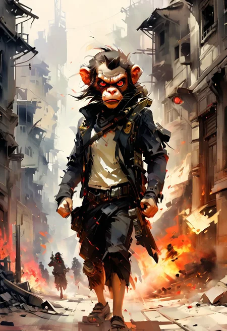 Style Toxipunk, Revolver Monkey, Gunatyou will Close-Up, Angry Face, Red Glowing Eyes, Scream, Trigger Finger, Zbrush Central Winner, Toxic Scene Background, Minimum, Dynamic, Harsh, Light and Shadow, Pure, Linen Perspective, Subliminal, I Was Caught Off Guard and Took a Quick Look, Echo of Motion Left Multiple Traces, Echo of Movement, Masterpiece, Best Quality, Best Details, Optimal Resolution, Practical, Depth of Field, Oil & Watercolor