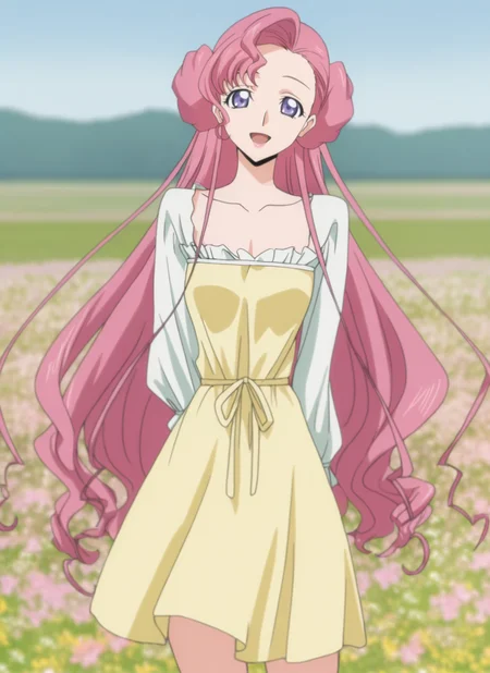 masterpiece, best quality, newest, absurdres, highres, cdgs, 1girl, Euphemia, casual outfit, happy smile, wink, open mouth, purple eyes, pink hair, pink lips, flower field, detailed, <lora:Code_Geass_Style_Illustrious:1.0>