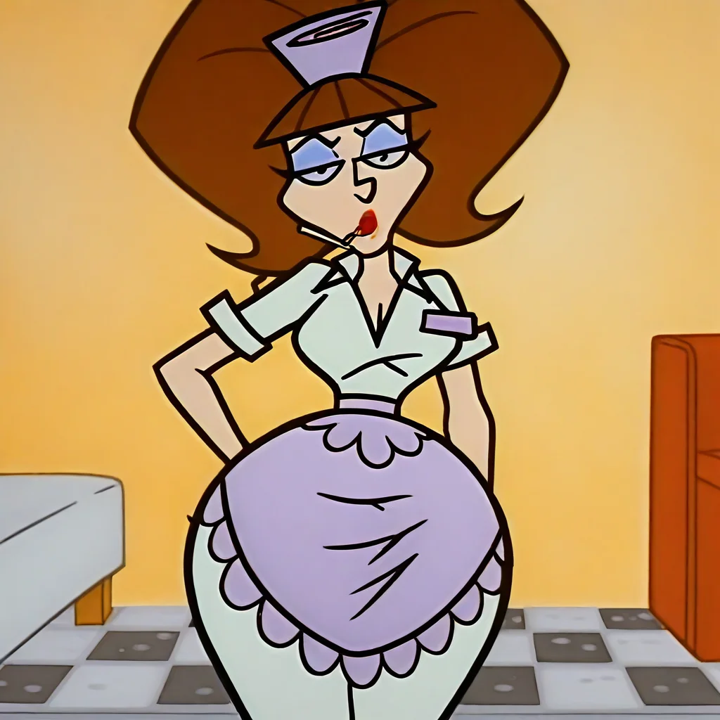 1girl, solo, indoors, bedroom, (seductive:1.3), brown hair, blue eyeliner, purple hat, waitress uniform, purple apron, retro artstyle, cartoon