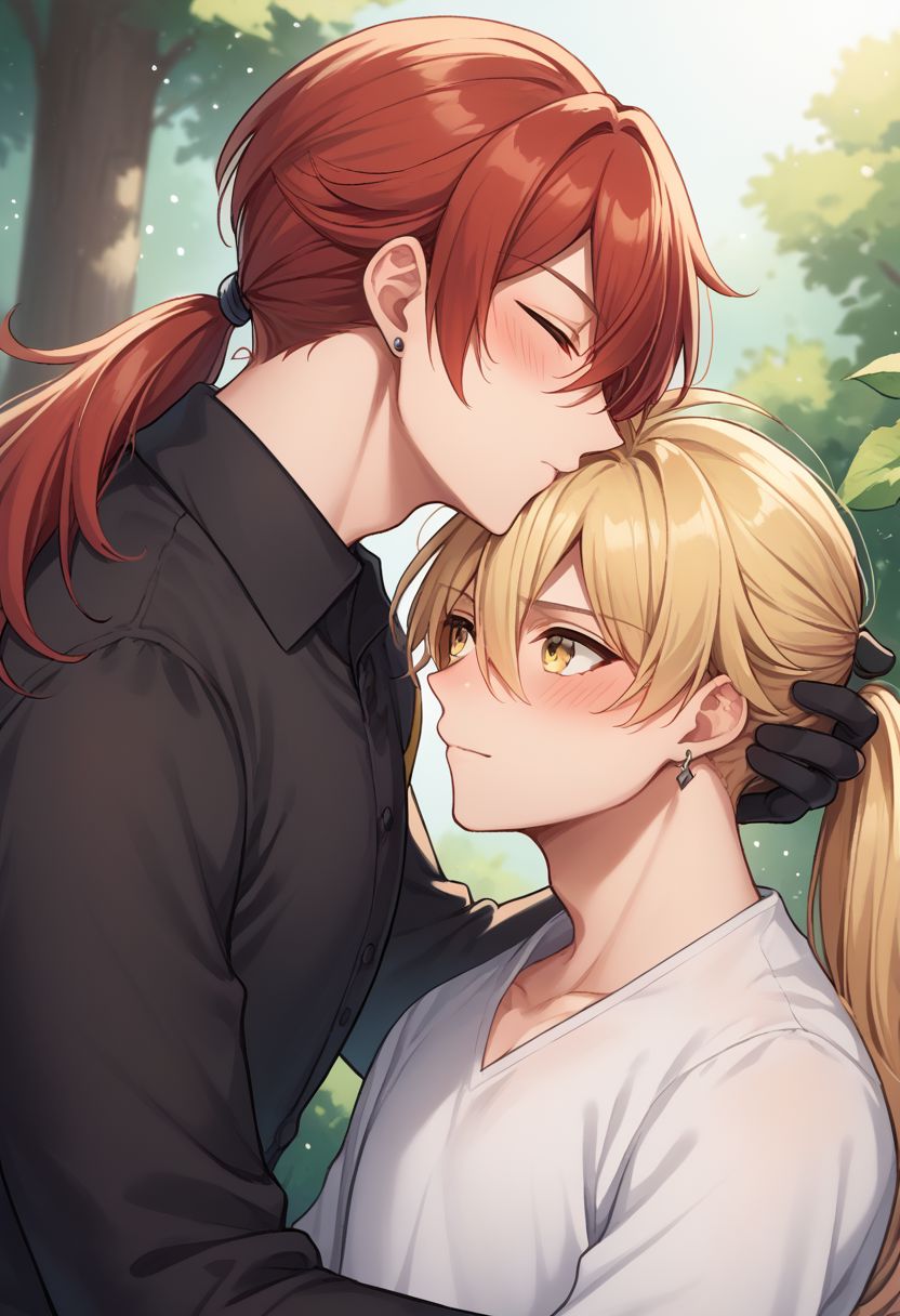 score_9, score_8_up, source_anime, highly detailed, 
kissing forehead, 2boys, blonde hair, multiple boys, male focus, red hair, long hair, closed eyes,
yellow eyes, earrings, blush, long sleeves, bangs, hair between eyes, black gloves, yaoi, ponytail, shirt, 
outdoor,
