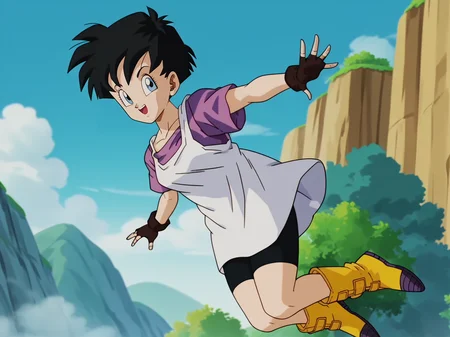 Videl, 1girl, short hair, white shirt, purple shirt, bike shorts black hair, yellow boots fingerless gloves, floating, <lora:Videl-prodigy-7:0.8>, score_9, score_8, score_8, anime screencap, solo, portrait, looking at viewer, outdoors, sky, flying, shadows