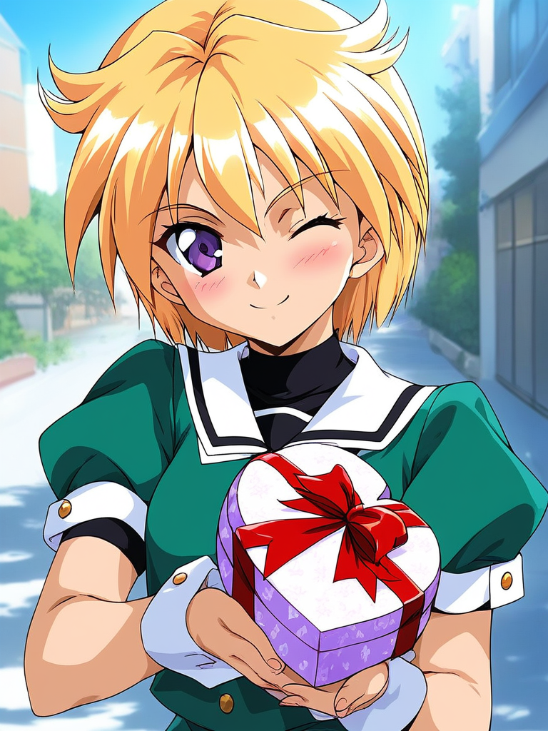 score_9, score_8_up, score_7_up, source_anime, rating_explicit, BREAK  <lora:Ijuin_Mei_XL:1> Ijuin_Mei, blonde hair, short hair, purple eyes,
1girl, solo, one eye closed, valentine, gift, holding gift,  blush,  box, school uniform, upper body, holding, green shirt
blush,  outdoor, day, light smile,
looking at viewer, 
cowboy_Shot,