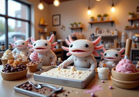 top down tilt shift image of tiny cute anthropomorphized axolotls with pink frilly gills and round black eyes, axolotl ice cream maker, in a rolled ice cream shop, preparing rolled ice cream, wearing a protective apron, fun and interactive environment<lora:Axomodel_Flux_V2.safetensors:1.0:1.0> <lora:isometric.safetensors:1:1>