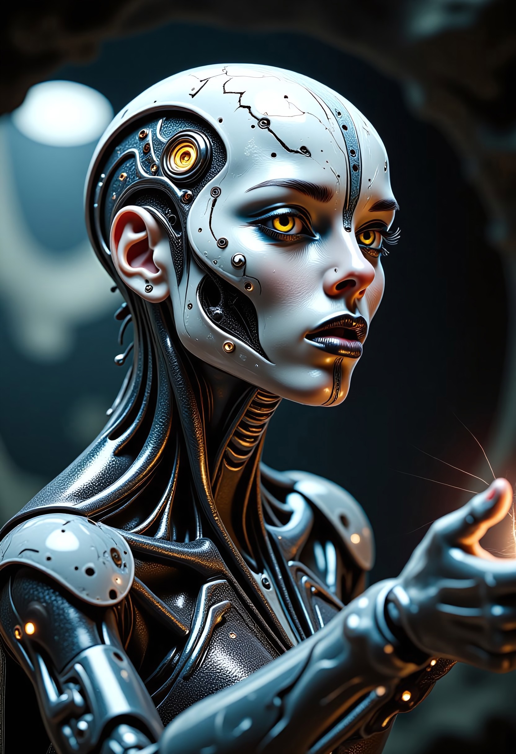 imagine extreme close-up, cybernetic mythpunk woman, with liquid marble white skin with gray veins, detailed yellowish-orange mechanical eyes, subtle neon implants. Partially concealed expression, hinting at ancient secrets. Single abstract light source, rim lighting through mist, soft ethereal glow. Wearing a carbon fiber mechanical exosuit with intricate glowing runes. Casting a spell, opening a portal within an alien cave – a futuristic mad scientist's lab. Profound mystery, quiet intensity.