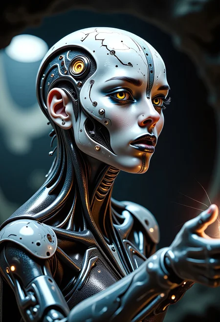 imagine extreme close-up, cybernetic mythpunk woman, with liquid marble white skin with gray veins, detailed yellowish-orange mechanical eyes, subtle neon implants. Partially concealed expression, hinting at ancient secrets. Single abstract light source, rim lighting through mist, soft ethereal glow. Wearing a carbon fiber mechanical exosuit with intricate glowing runes. Casting a spell, opening a portal within an alien cave – a futuristic mad scientist's lab. Profound mystery, quiet intensity.