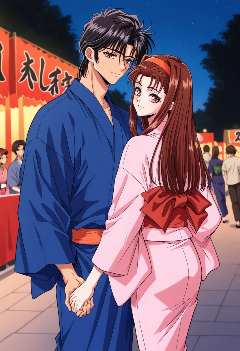 masterpiece, best quality, newest, highres, uncensored, 1girl, yokota mamoru style,1girl,
Matsudaira Youko,girl,brown hair,long hair,1990s (style),hairband,amber eyes
japanese clothes, kimono, 1boy, brown hair, 1girl, hetero, festival, holding hands, couple, yukata, black hair, obi, brown eyes, outdoors, sash, from behind