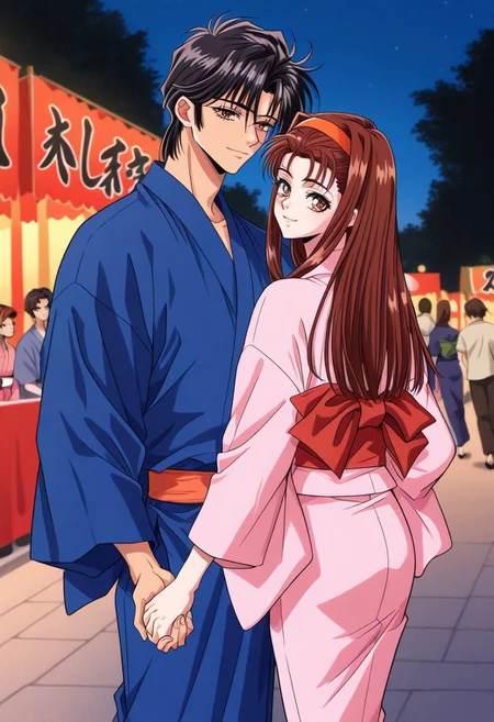 masterpiece, best quality, newest, highres, uncensored, 1girl, yokota mamoru style,1girl,
Matsudaira Youko,girl,brown hair,long hair,1990s (style),hairband,amber eyes
japanese clothes, kimono, 1boy, brown hair, 1girl, hetero, festival, holding hands, couple, yukata, black hair, obi, brown eyes, outdoors, sash, from behind