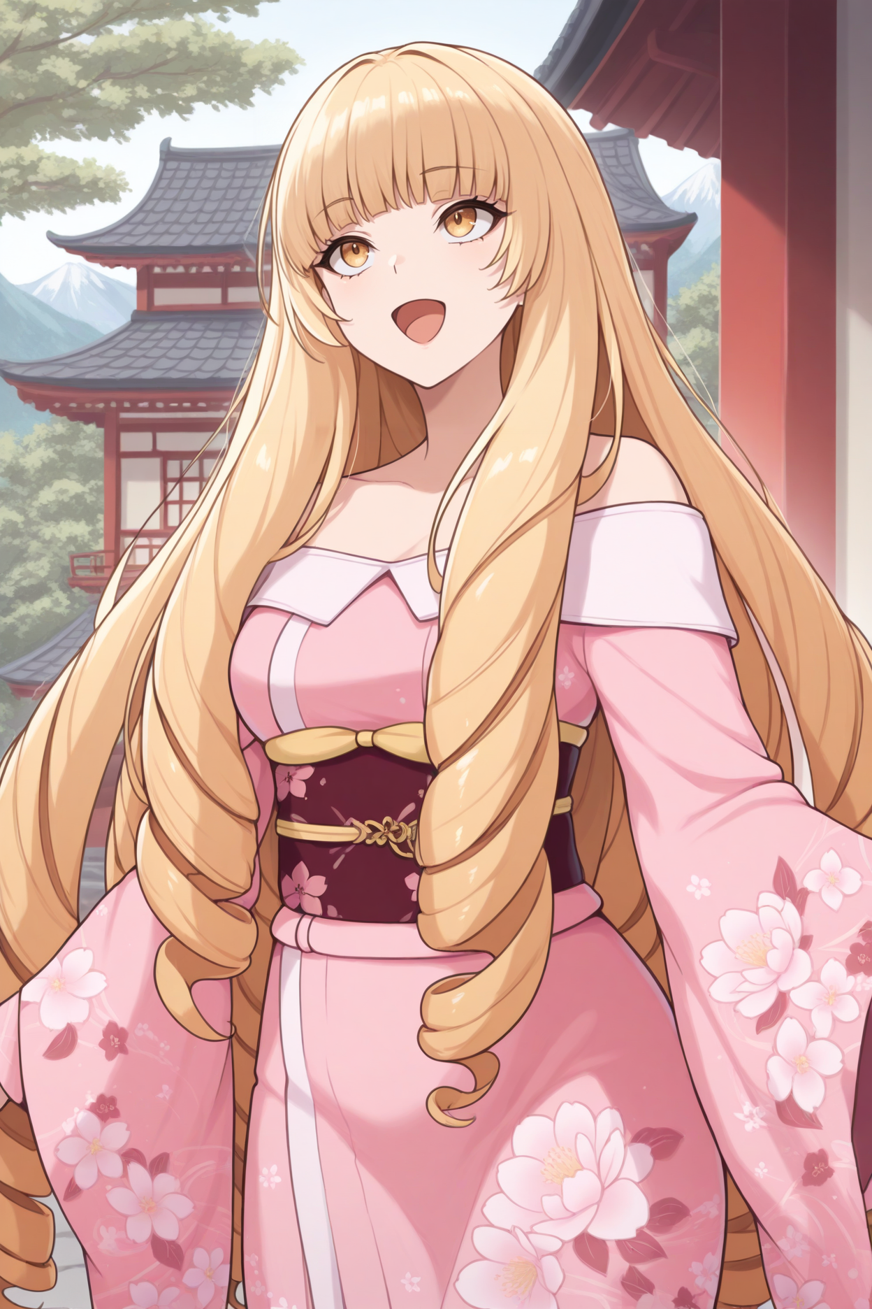 masterpiece, best quality, 1girl, solo, <lora:roseoriana-illu-nvwls-v1-000006:1> sdoriana, blonde hair, very long hair, drill hair, blunt bangs, yellow eyes, brown eyes, pink kimono, floral print, sash, off-shoulder kimono, happy, open mouth, looking up, looking to the side, mountains, east asian architecture, trees