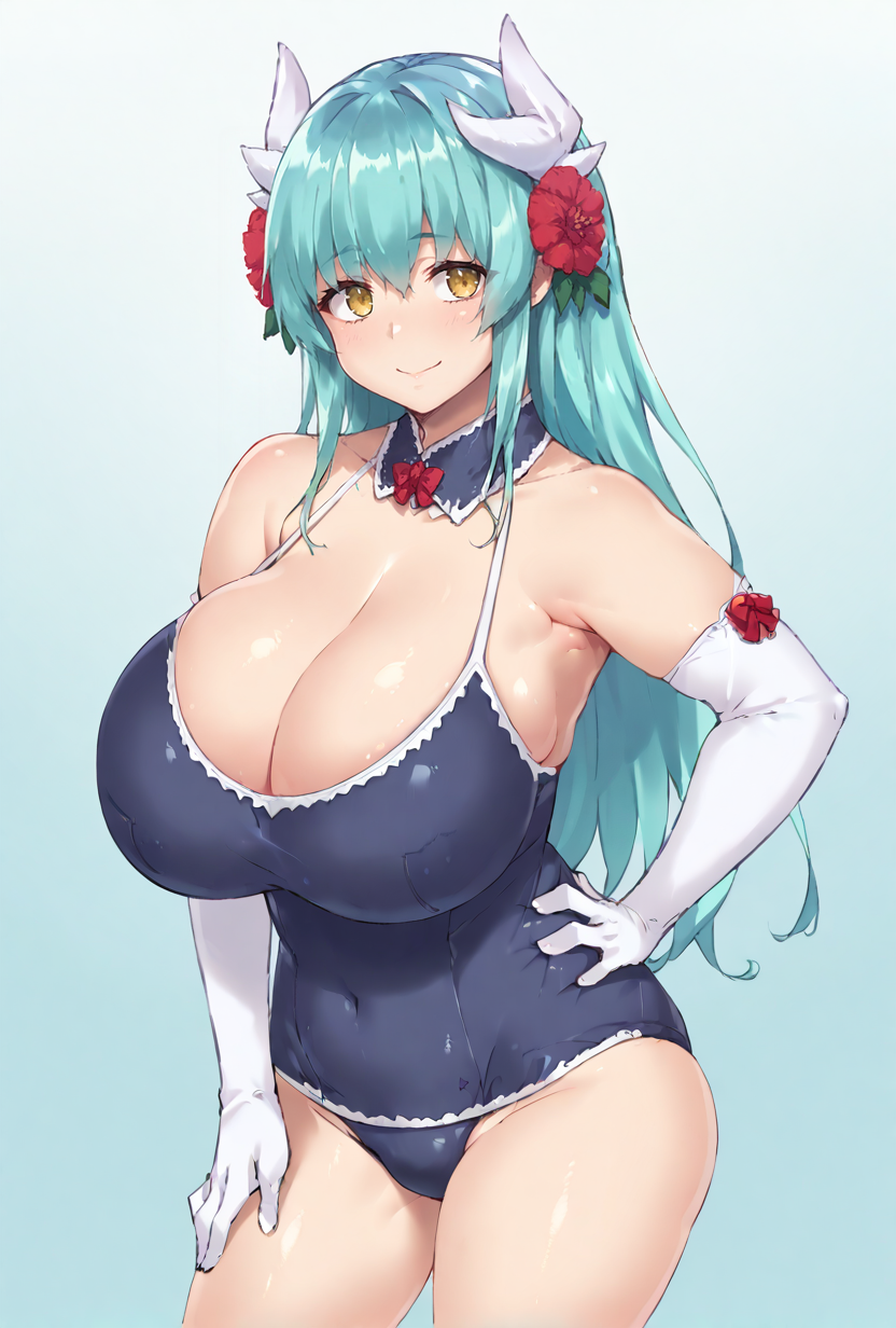 score_9,score_7_up,  <lora:kiyohime_(lancer)_XL_1:1>1girl,  bbkiyo, long hair, aqua hair, white horns, hair flower, red hair flower, yellow eyes, detached collar, cleavage, school swimsuit, blue one-piece swimsuit, elbow gloves, white gloves, white sash, blush, smile,   huge breasts, hand on hips   <lora:Uno-Makoto-Style-PonyXL-GLoRA-Final-000048:1>