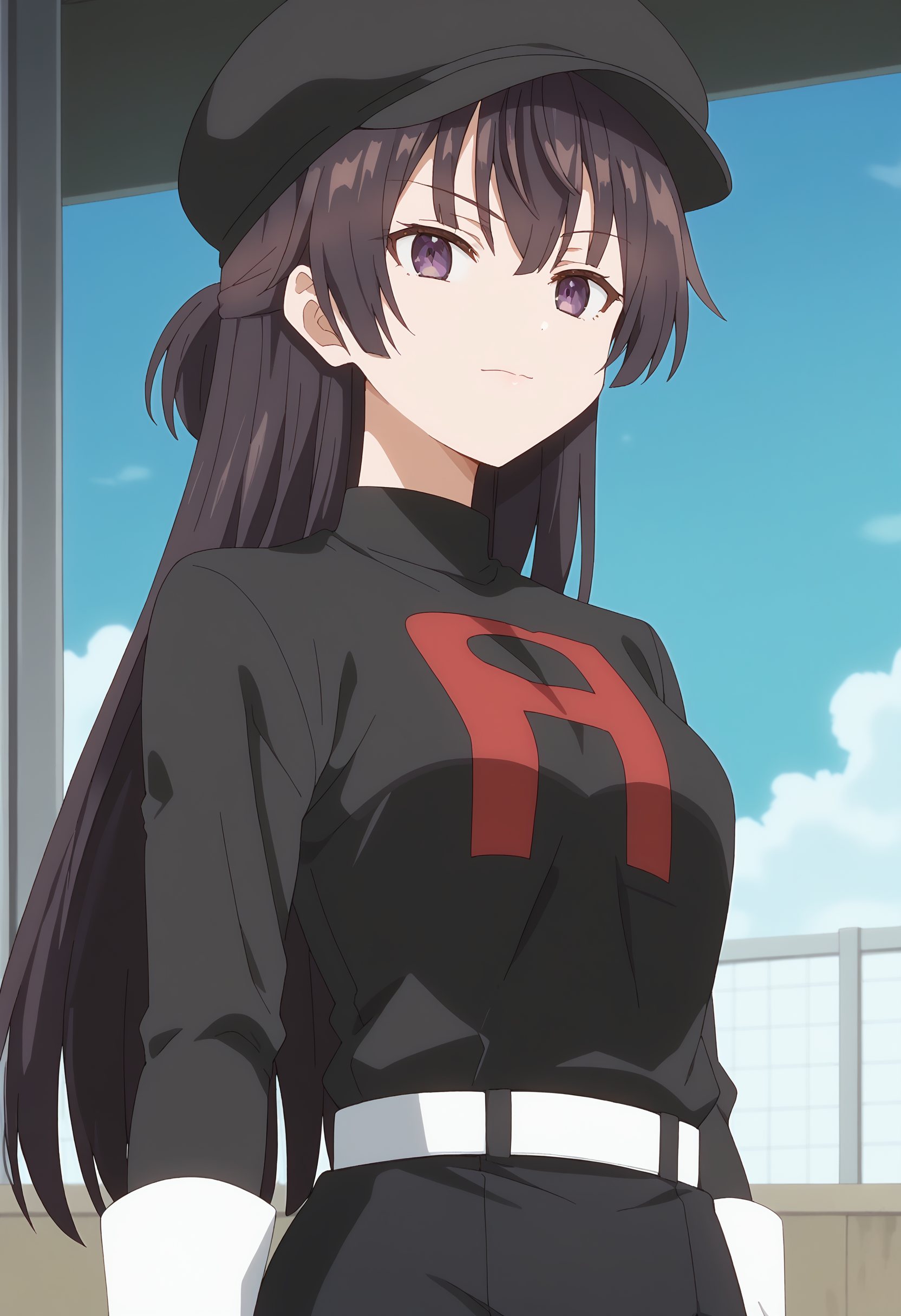 score 7 up, solo, source anime, 1girl, , <lora:yuki.pony:1> yuki, , <lora:team-rocket-uniform-ponyxl-lora-nochekaiser:1> team rocket uniform, black hat, black shirt, black skirt, white belt, white gloves, single letter,,