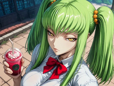 masterpiece,best quality,amazing quality,ultra detailed,
1girl,
<lora:My_Muscle_Style_1:0.3>,muscular female, fit, skinny,
<lora:HyperdetailedColoredPencilIl:0.3> ArsMJStyle, <lora:Sinozick_style:0.3>Sinozick_illu,gradient,spot color
<lora:illustriousXL_stabilizer_v1.23:0.5>
<lora:GLSHS:0.7> SHSLG
<lora:C.C._and_Kallen_Stadtfeld_Code_Geass:0.8> , C.C., green hair, long hair, yellow eyes, bangs, twintails,hair ornament,
outdoors,cafe,drinking straw, drink,
school uniform,
solo,large breasts, bowtie,
dyamic angle,
close-up, portrait,
looking at viewer, narrowed eyes, from above,