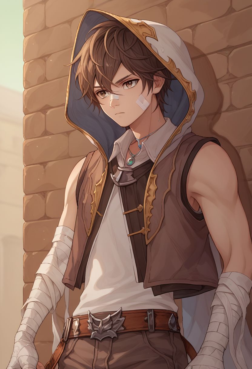 score_9, score_8_up, score_7_up, source_anime, highly detailed, skinny,
ayer, male focus, bandages, hood, 1boy, solo, bandaged arm, brown hair, brown eyes, sleeveless, bandage on face, belt, pants, hood up, expressionless,
outdoor, upper body,