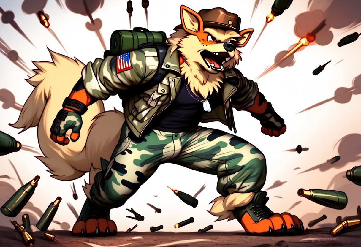 Solo, hyper realistic, photorealistic, highly detailed, anime, Male character, Freckle spots on face, furry, anthro, not human, Relaxed, Satisfied, Lonely, wearing camouflage style boxers under camouflage style pants, wearing a cowboy hat, wearing a puffy camouflage style jacket, wearing a camouflage style backpack, wearing high tech camouflage style gloves, long camouflage style shirt under jacket, wearing dog tag necklace, wearing camouflage heavy duty boots, FurryDalle, cartoon, toony, action scene, fight scene, bombs going boom, bullets flying past, arcanine