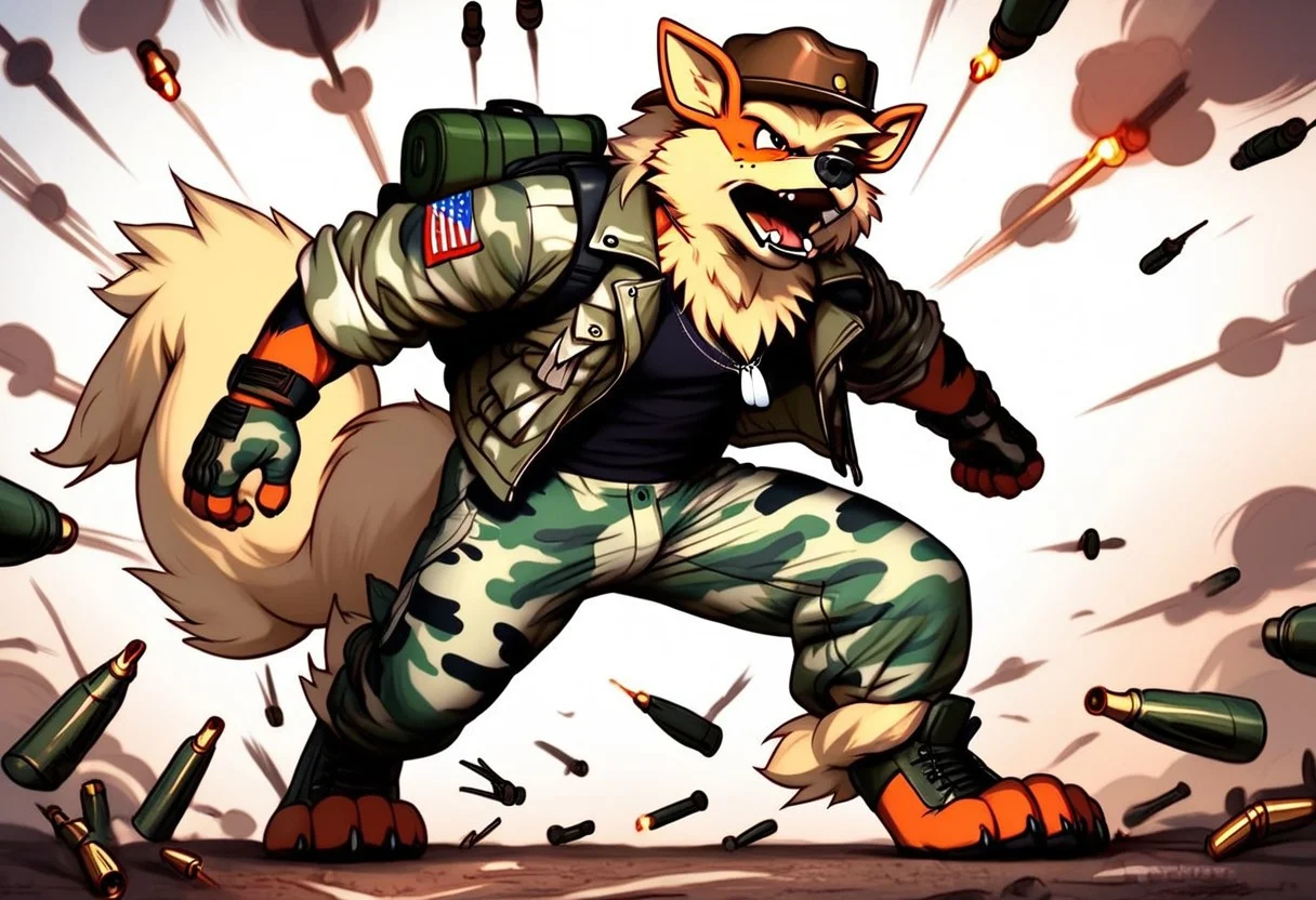 Solo, hyper realistic, photorealistic, highly detailed, anime, Male character, Freckle spots on face, furry, anthro, not human, Relaxed, Satisfied, Lonely, wearing camouflage style boxers under camouflage style pants, wearing a cowboy hat, wearing a puffy camouflage style jacket, wearing a camouflage style backpack, wearing high tech camouflage style gloves, long camouflage style shirt under jacket, wearing dog tag necklace, wearing camouflage heavy duty boots, FurryDalle, cartoon, toony, action scene, fight scene, bombs going boom, bullets flying past, arcanine